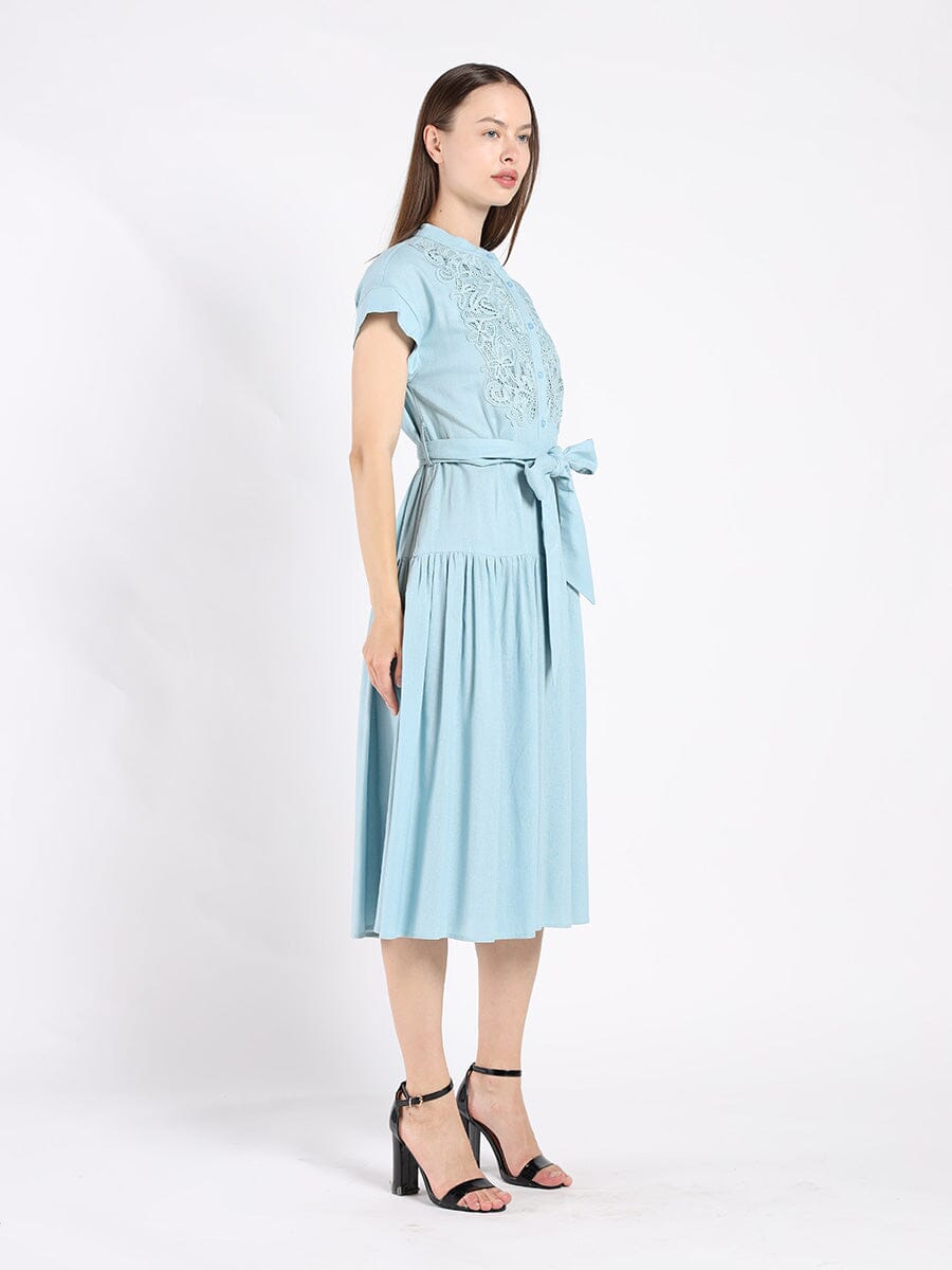 Embroidered Midi Dress with Cap Sleeves and Waist DRESS Gracia Fashion 
