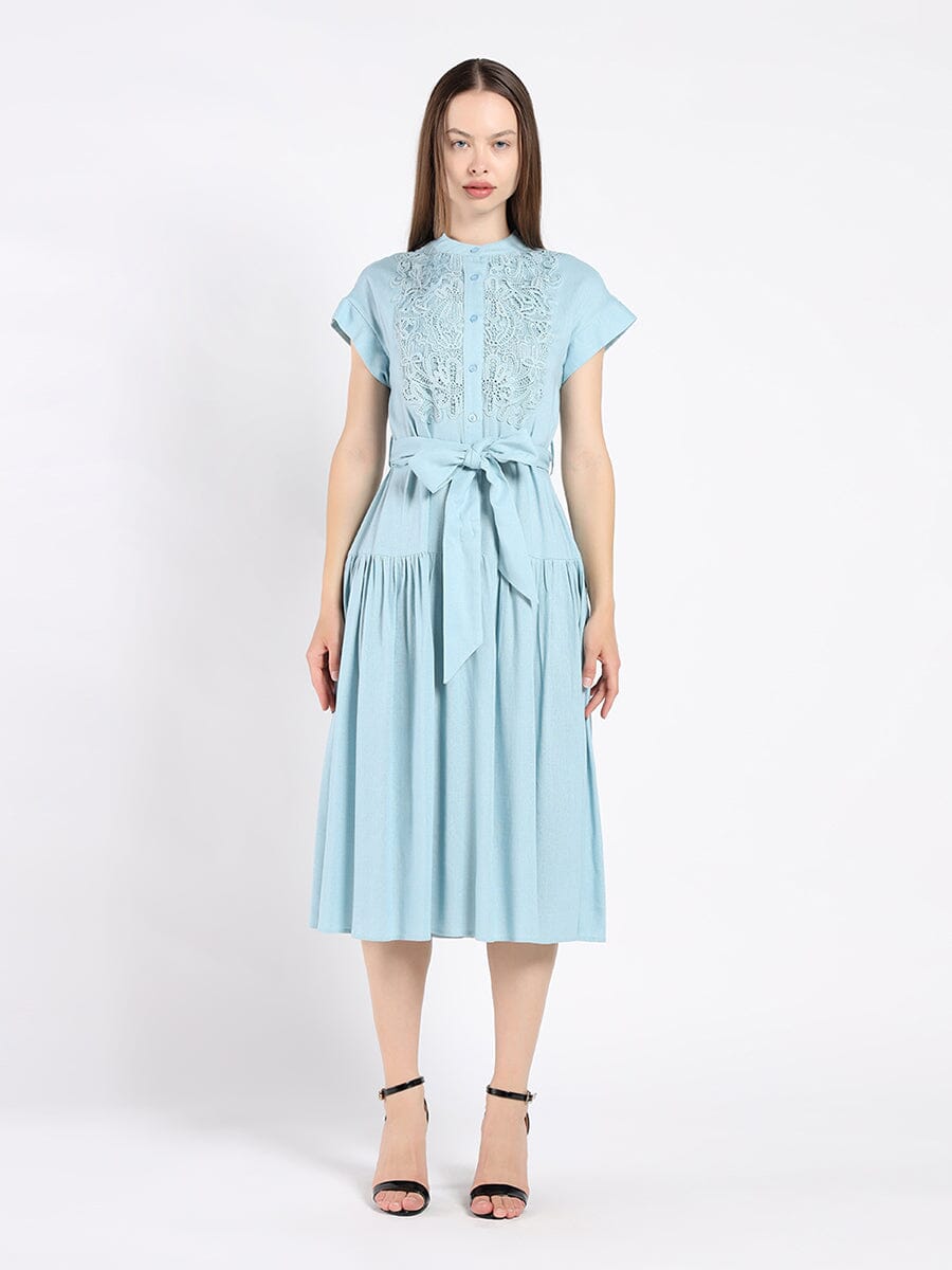 Embroidered Midi Dress with Cap Sleeves and Waist DRESS Gracia Fashion BLUE S 