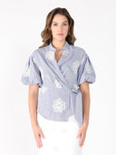 Embroidered Stripe Wrap Style Puff Sleeve Top TOP Gracia Fashion BLUE S 