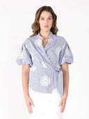 Embroidered Stripe Wrap Style Puff Sleeve Top TOP Gracia Fashion BLUE S 
