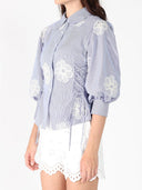 Embroidered Stripped Side Tie Long Sleeve Top TOP Gracia Fashion 