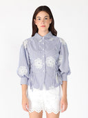 Embroidered Stripped Side Tie Long Sleeve Top TOP Gracia Fashion BLUE S 