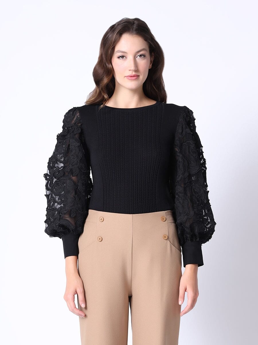 Embroidery Sleeve Knitted Top TOP Gracia Fashion BLACK S 