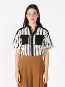 Emroidered Band V-Neck Puffed Sleeve Top TOP Gracia Fashion BLACK/WHITE S 