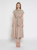 Eyelet And Solid Fabric Belt Dress DRESS Gracia Fashion BEIGE S 