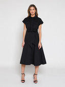 Eyelet And Solid Fabric Belt Dress DRESS Gracia Fashion BLACK S 