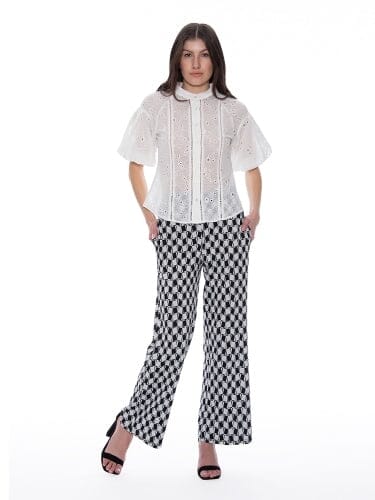 Eyelet Embroidered Round Neck Button-Down Top TOP Gracia Fashion WHITE S 