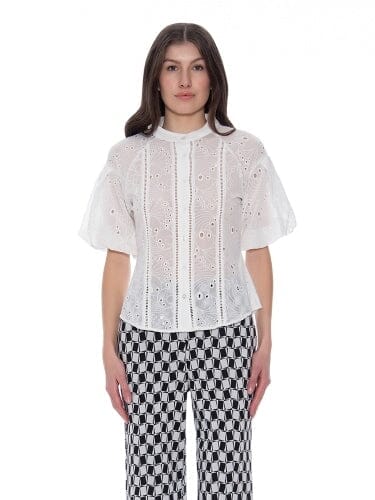 Eyelet Embroidered Round Neck Button-Down Top TOP Gracia Fashion WHITE S 