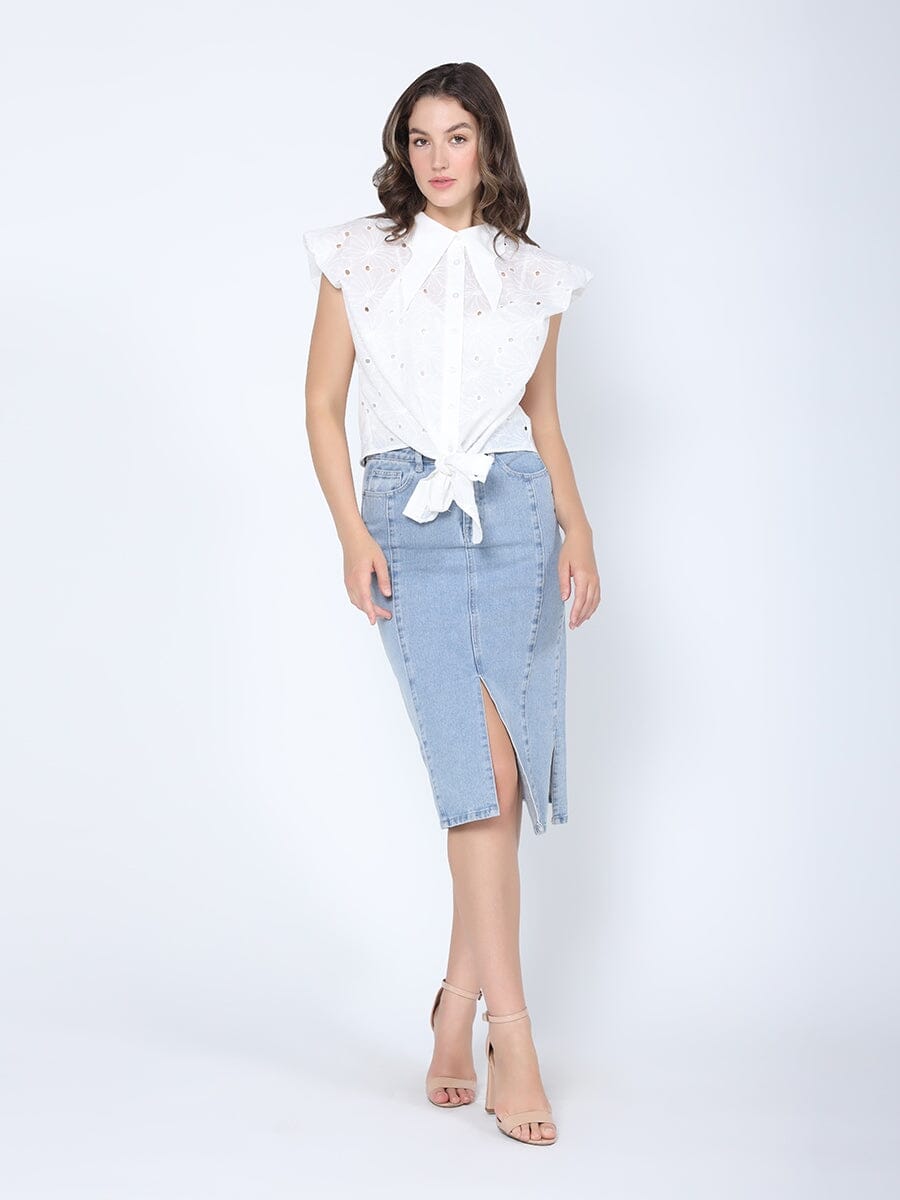 Eyelet Embroidered Tie-Front Top TOP Gracia Fashion WHITE S 