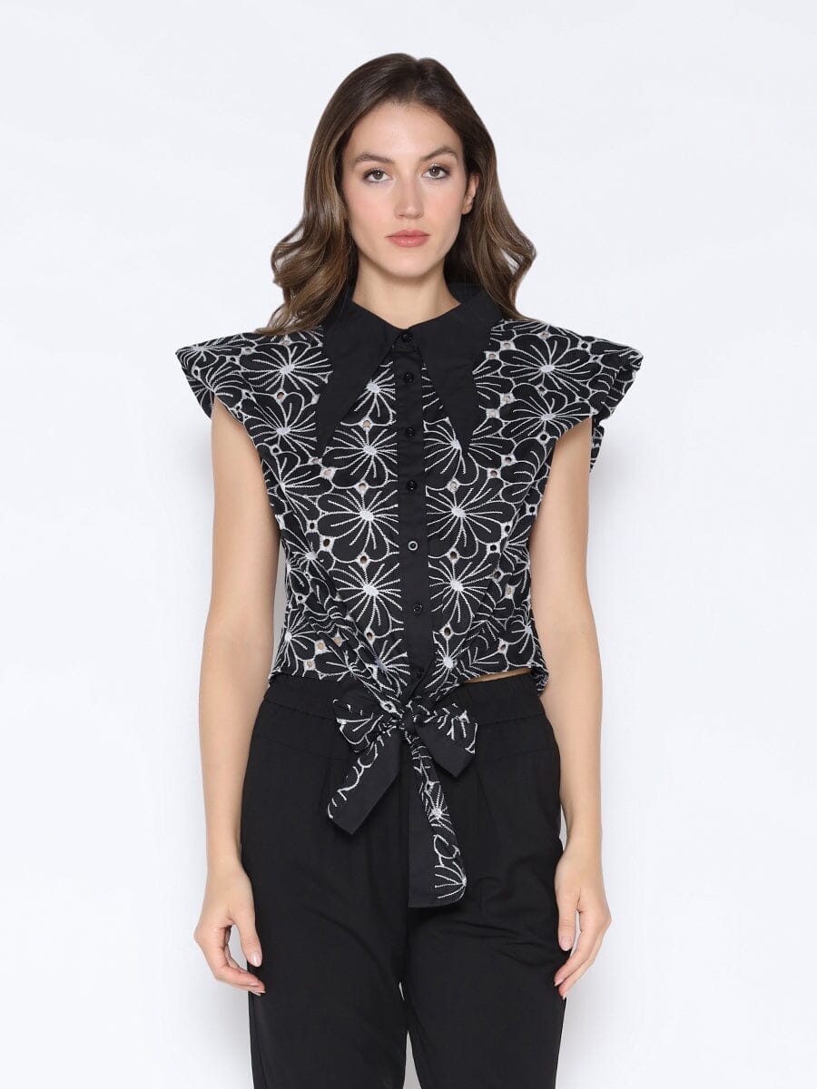 Eyelet Embroidered Tie-Front Top TOP Gracia Fashion BLACK S 
