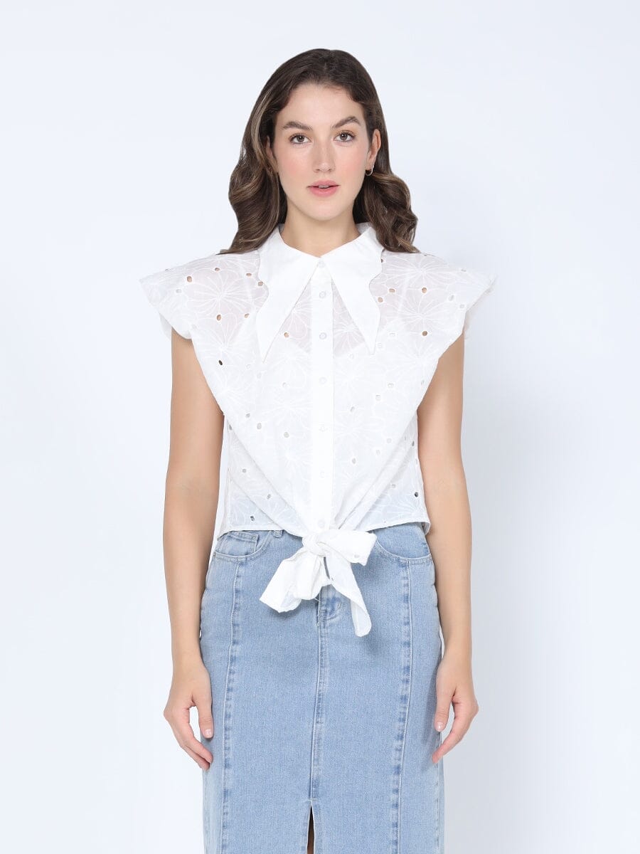 Eyelet Embroidered Tie-Front Top TOP Gracia Fashion WHITE S 