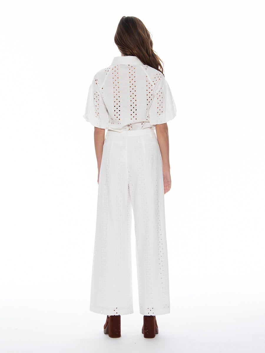 【GRAVER】White Flower Dot Embroidery Wide Balloon Trousers Crystal Rhinestone Embellished Wide leg Trousers in White