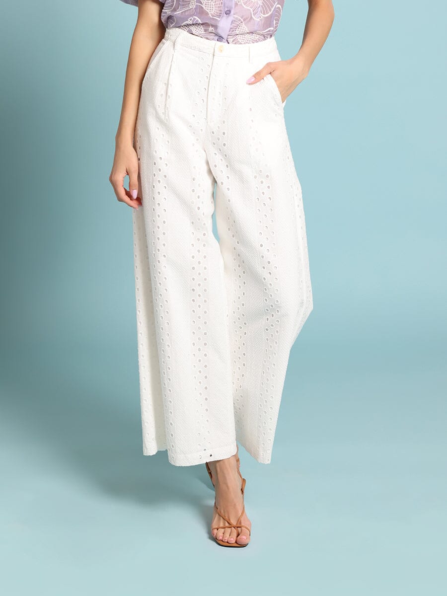 Eyelet Embroidered Wide-Leg Pants PANTS Gracia Fashion WHITE S 