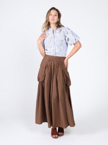 Eyelet lace work front pockets shirt TOP Gracia Fashion BLUE S 