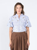 Eyelet lace work front pockets shirt TOP Gracia Fashion BLUE S 