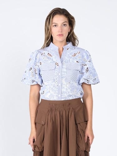 Eyelet lace work front pockets shirt TOP Gracia Fashion BLUE S 