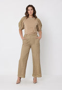 Eyelet sleeve and solid body crew neck top TOP Gracia Fashion 