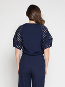 Eyelet sleeve and solid body crew neck top TOP Gracia Fashion 