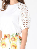 Eyelet sleeve and solid body crew neck top TOP Gracia Fashion 