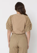 Eyelet sleeve and solid body crew neck top TOP Gracia Fashion 