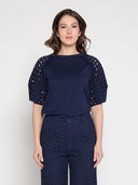Eyelet sleeve and solid body crew neck top TOP Gracia Fashion NAVY S 