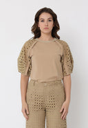 Eyelet sleeve and solid body crew neck top TOP Gracia Fashion TAUPE S 