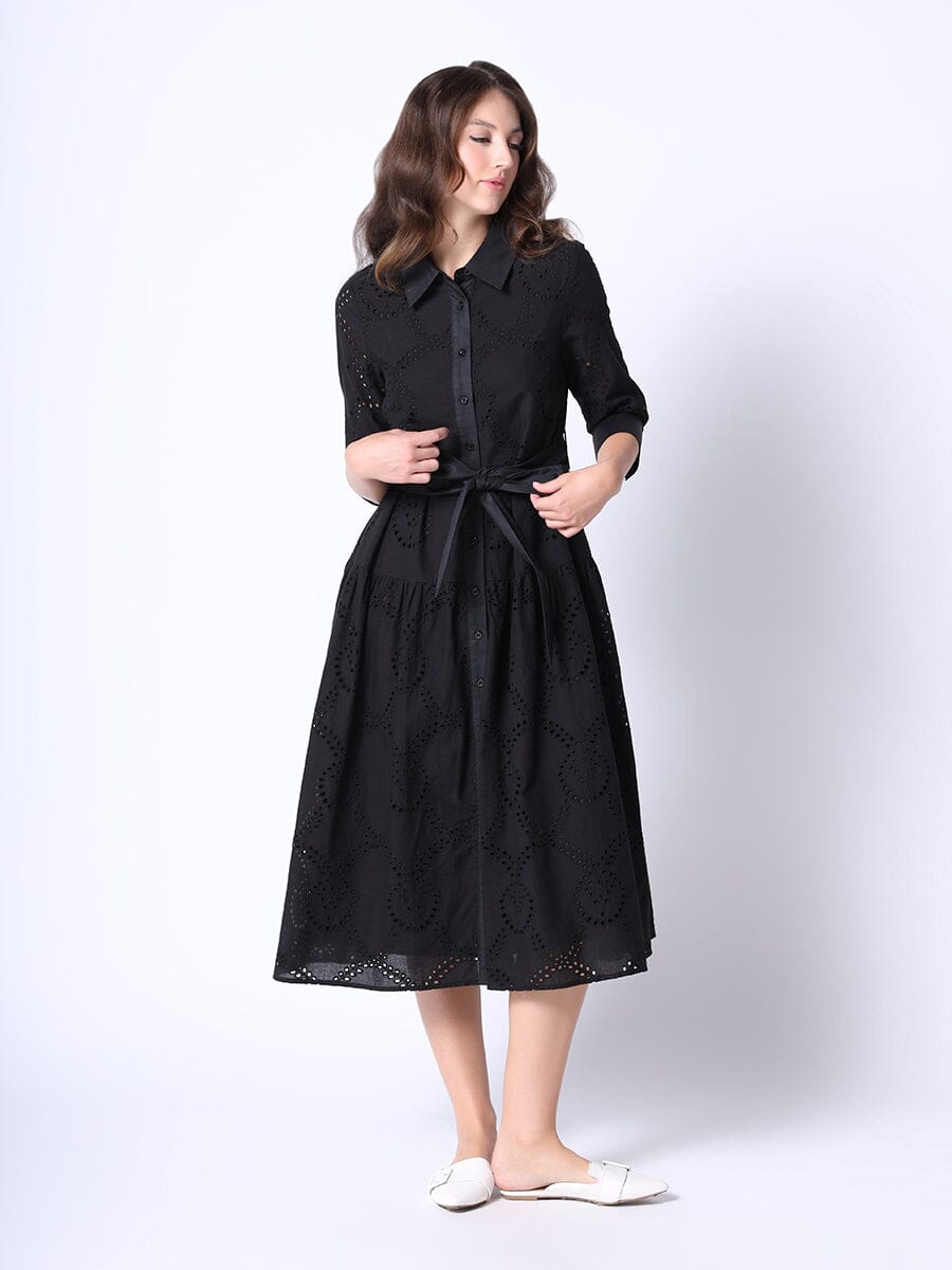 Eyelet Sleeve Shirt Dress w/ Waist Ribbon DRESS Gracia Fashion 