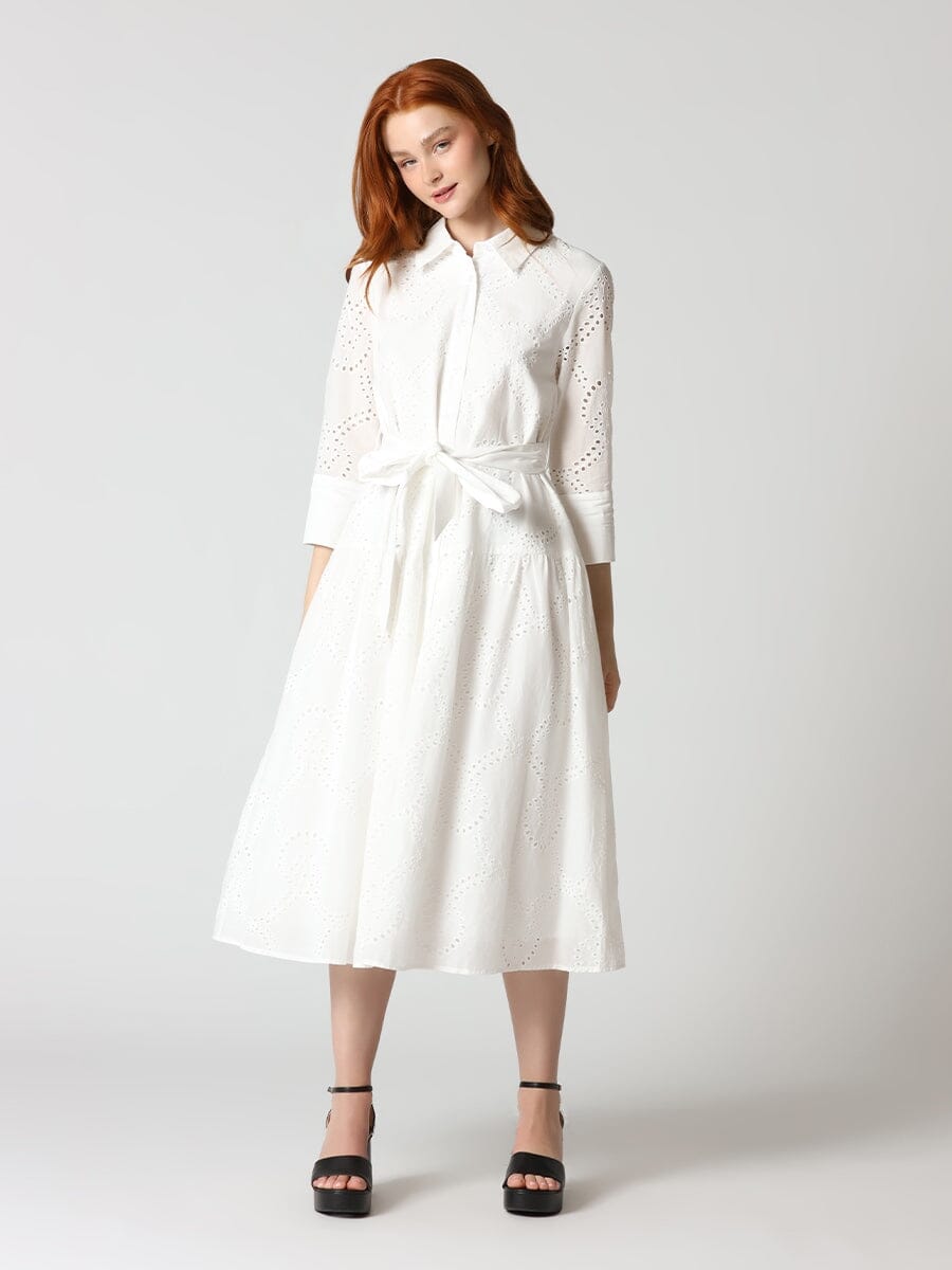 Eyelet Sleeve Shirt Dress w/ Waist Ribbon DRESS Gracia Fashion 