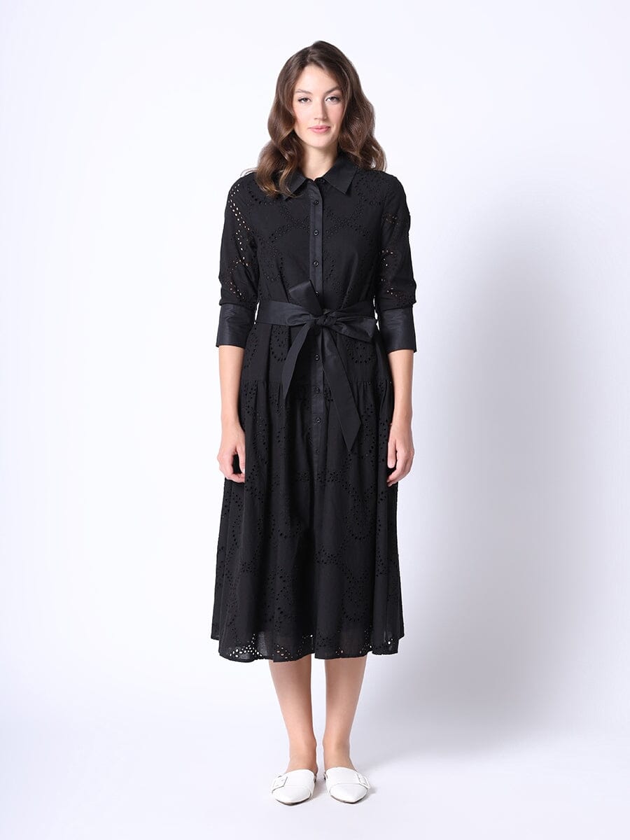 Eyelet Sleeve Shirt Dress w/ Waist Ribbon DRESS Gracia Fashion BLACK S 