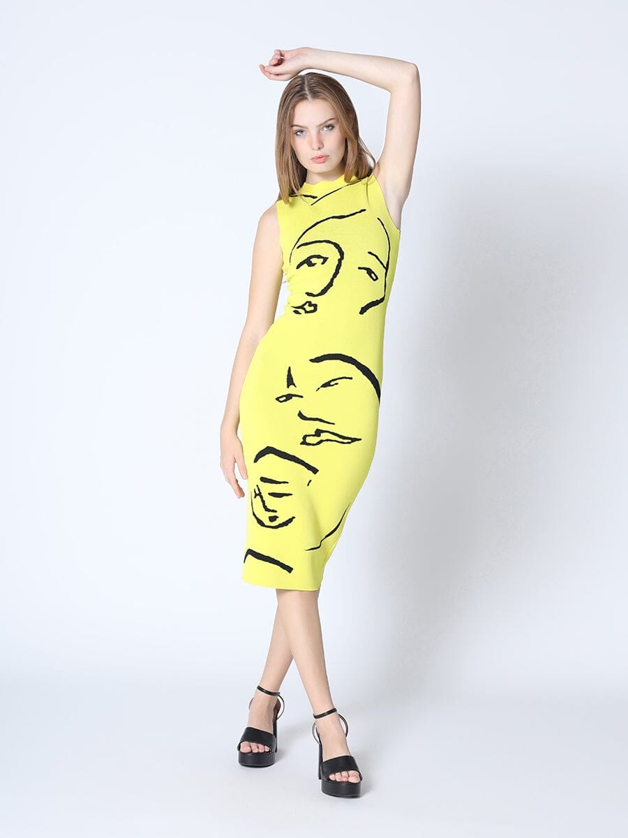 Face-Line Print H-Line Knit Dress DRESS Gracia Fashion NEON S 