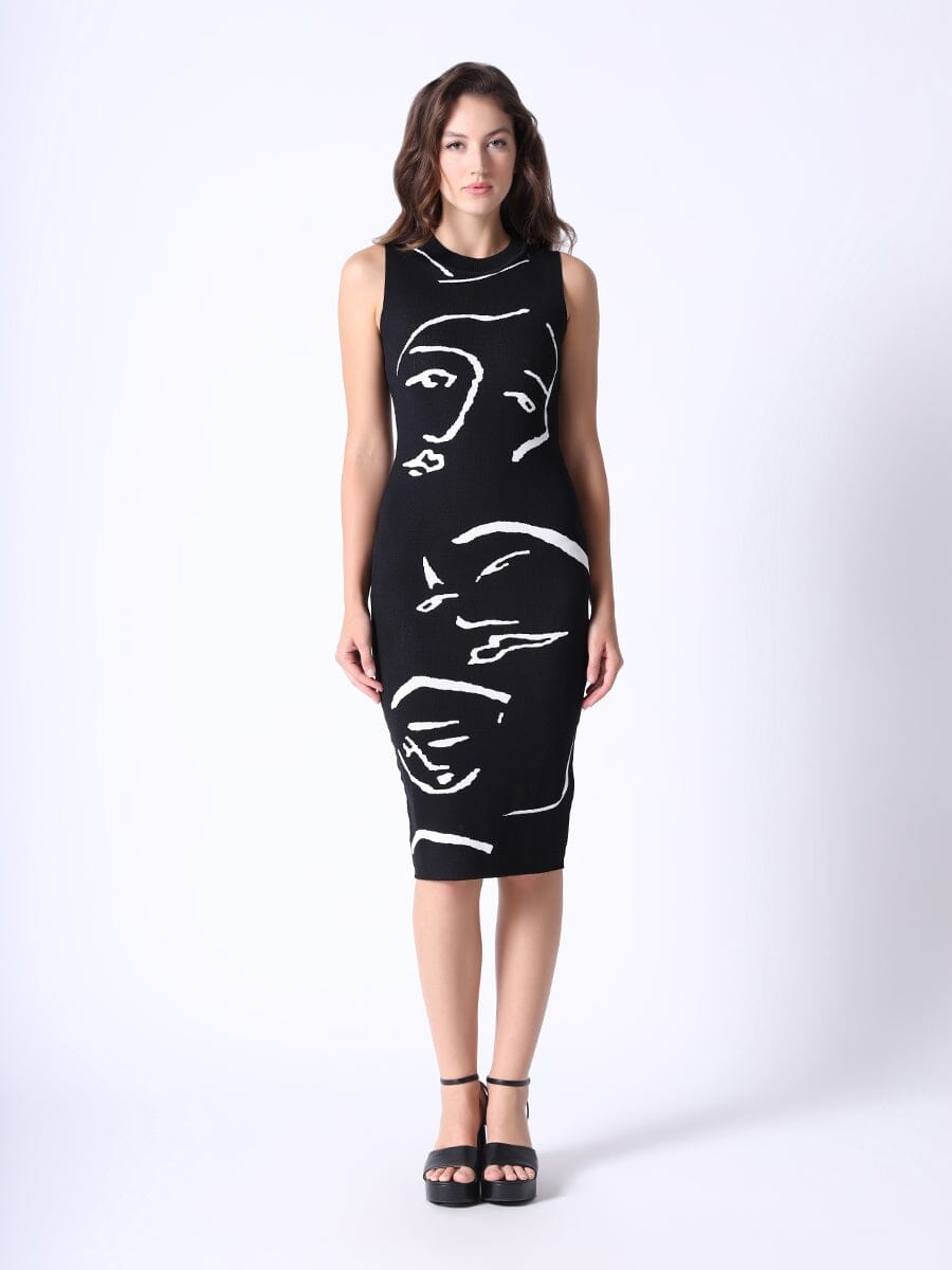 Face-Line Print H-Line Knit Dress DRESS Gracia Fashion BLACK S 