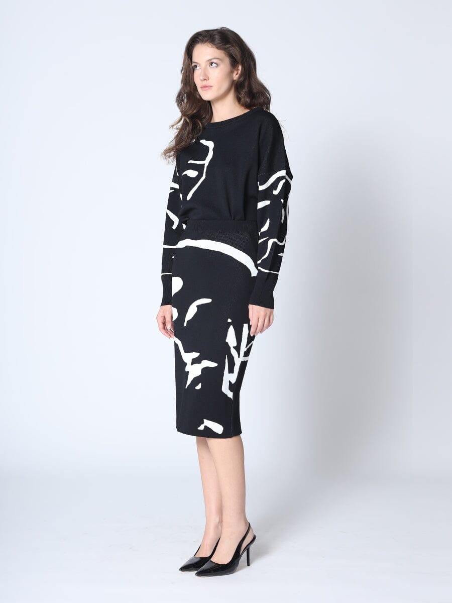 Face-Line Printing Bodycon Knit Skirt w/Back Slit SKIRT Gracia Fashion 