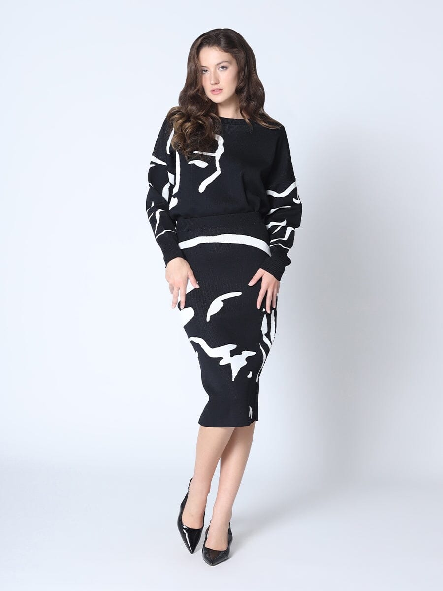Face-Line Printing Bodycon Knit Skirt w/Back Slit SKIRT Gracia Fashion 