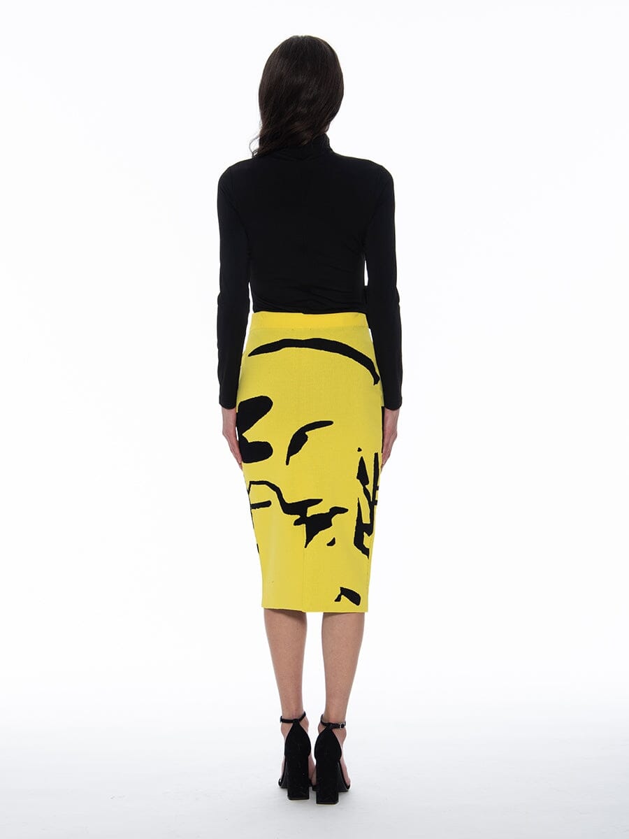 Face-Line Printing Bodycon Knit Skirt w/Back Slit SKIRT Gracia Fashion 