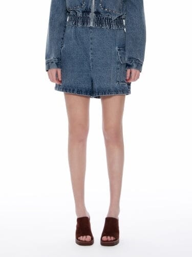 Flap Pocket Elastic Waist Denim Short Pants PANTS Gracia Fashion DENIM S 