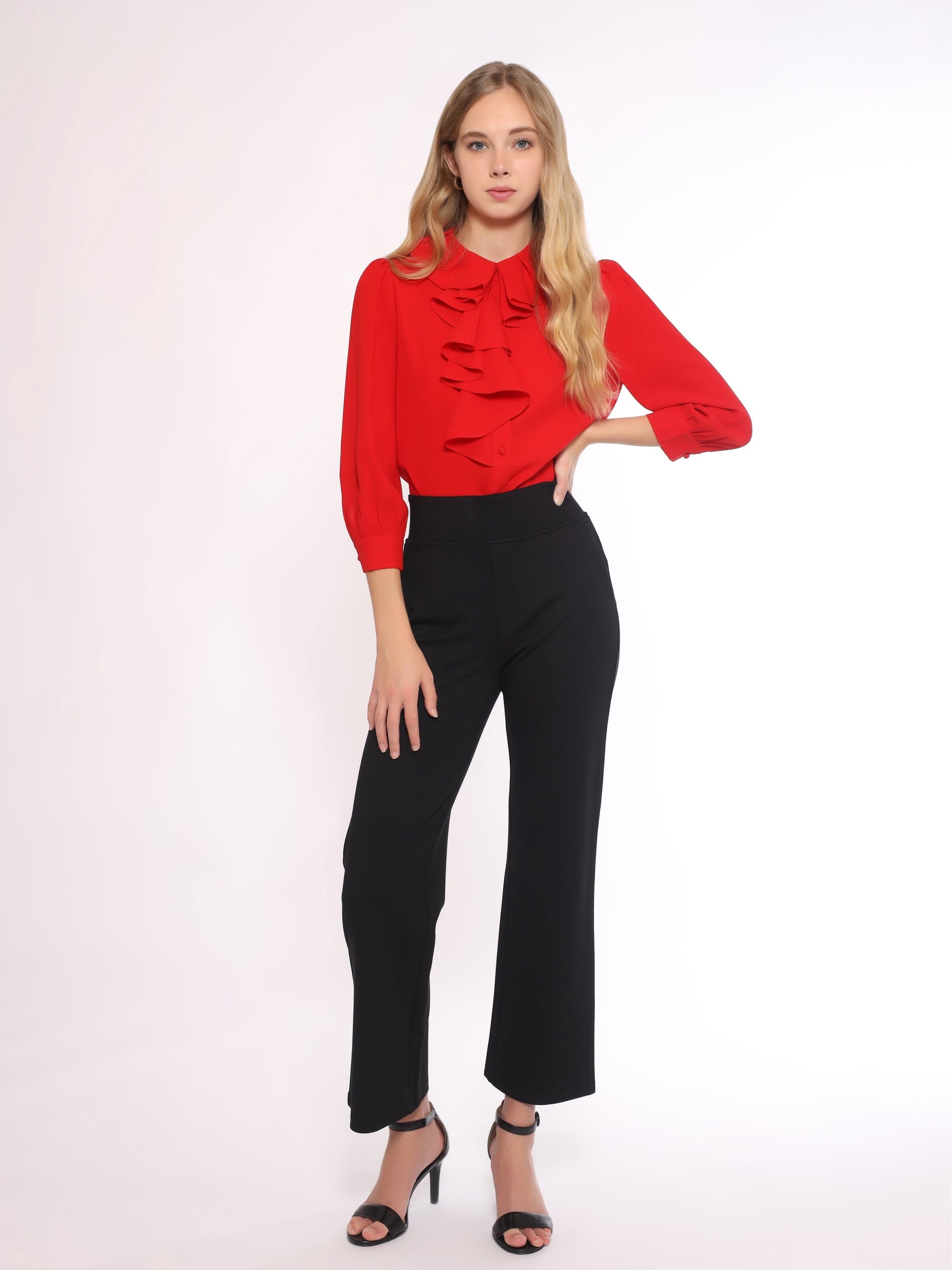 Flare Collar Quarter Length Sleeve Blouse TOP Gracia Fashion RED S 