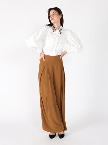 Floral-Appliqué Collared Long Sleeve Top TOP Gracia Fashion WHITE S 