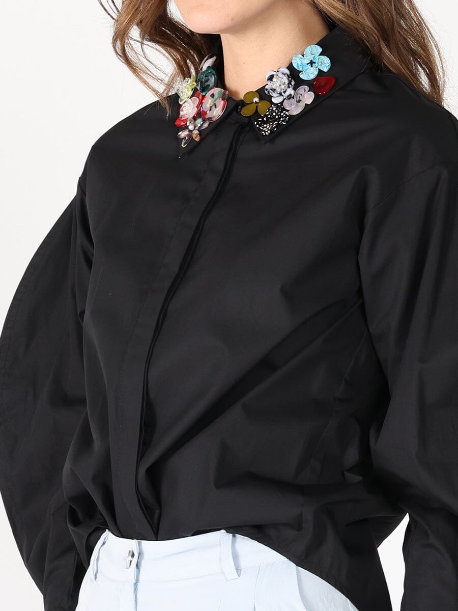 Floral-Appliqué Collared long sleeve top TOP Gracia Fashion 