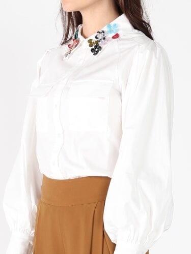 Floral-Appliqué Collared Long Sleeve Top TOP Gracia Fashion 