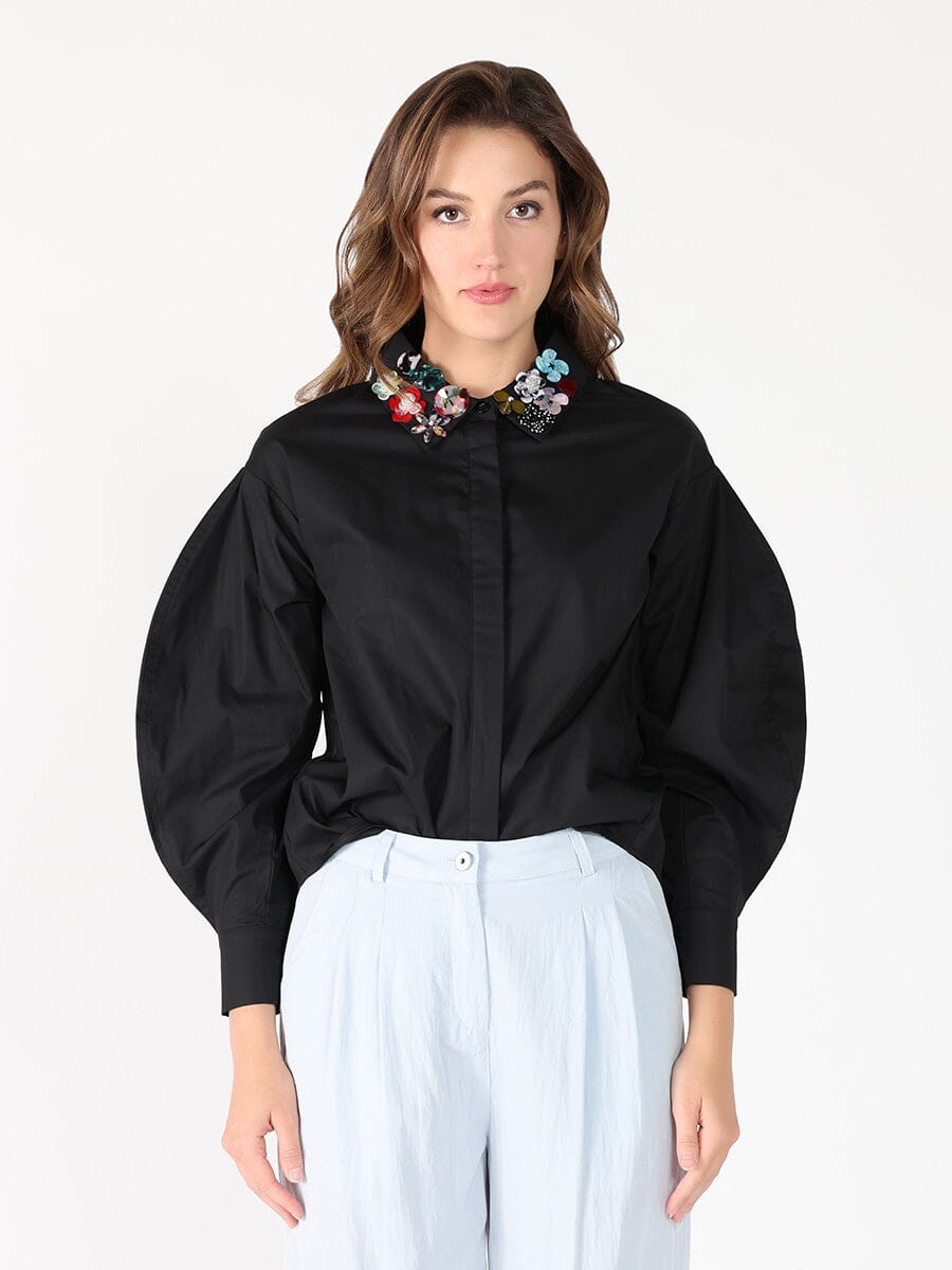 Floral-Appliqué Collared long sleeve top TOP Gracia Fashion BLACK S 