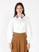 Floral-Appliqué Collared Long Sleeve Top TOP Gracia Fashion WHITE S 