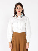 Floral-Appliqué Collared Long Sleeve Top TOP Gracia Fashion WHITE S 