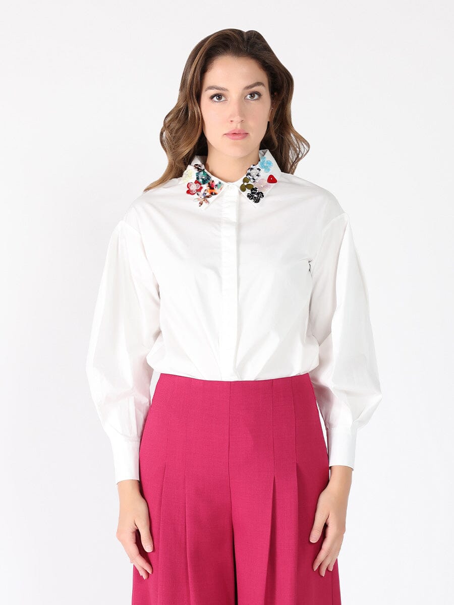 Floral-Appliqué Collared long sleeve top TOP Gracia Fashion WHITE S 