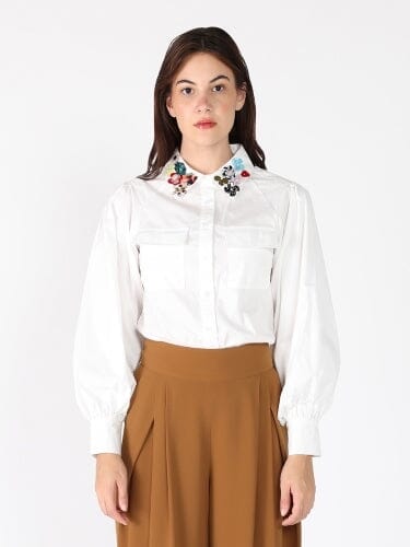 Floral-Appliqué Collared Long Sleeve Top TOP Gracia Fashion WHITE S 