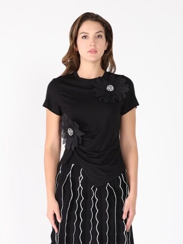 Floral Applique Crew Neck Drape Bottom Top TOP Gracia Fashion BLACK S 