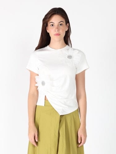 Floral Applique Crew Neck Drape Bottom Top TOP Gracia Fashion WHITE S 