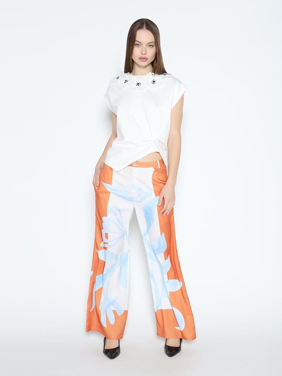 Floral Applique Round Neckline Side Twist Knot Top TOP Gracia Fashion WHITE S 