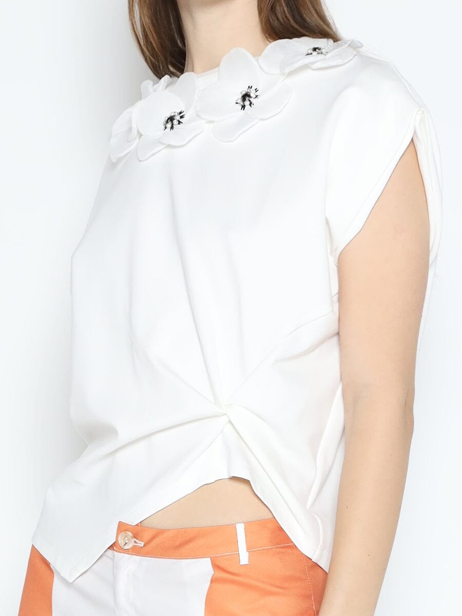 Floral Applique Round Neckline Side Twist Knot Top TOP Gracia Fashion 