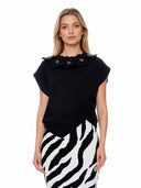 Floral Applique Round Neckline Side Twist Knot Top TOP Gracia Fashion BLACK S 