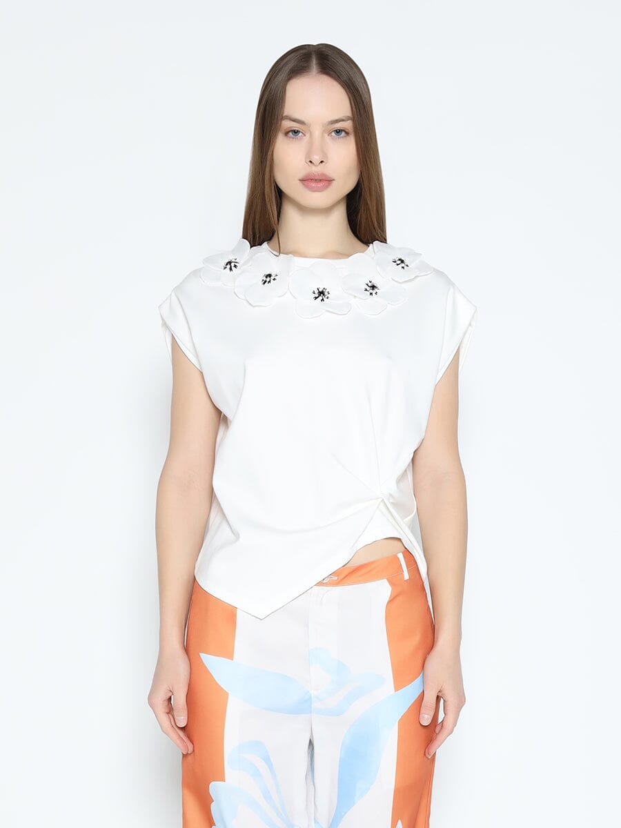 Floral Applique Round Neckline Side Twist Knot Top TOP Gracia Fashion WHITE S 